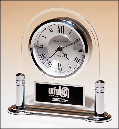 Glass desk clock with silver metal base