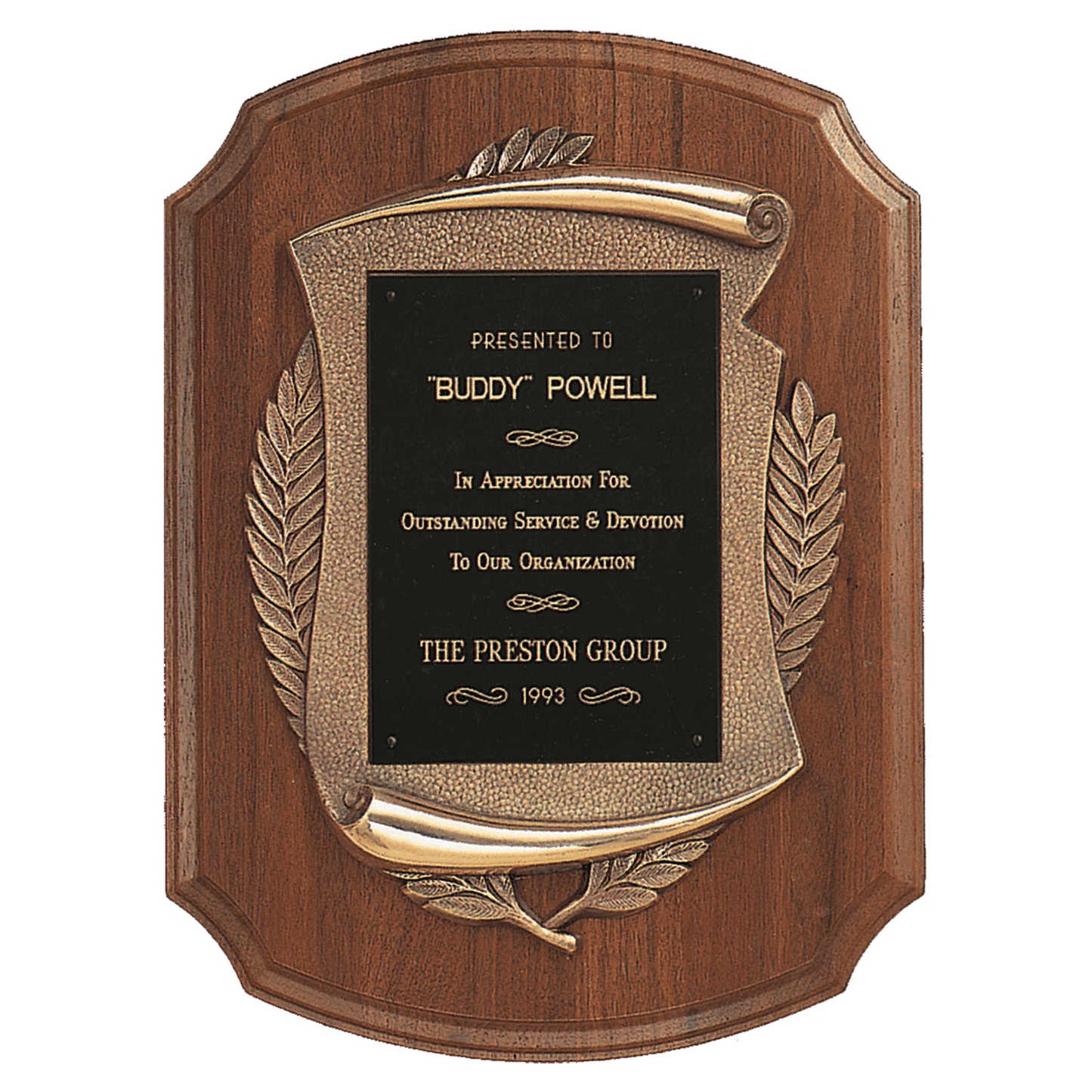 11"x15"solid American walnut plaque with notched corners and an antique gold finished scroll frame and black brass engraving plate