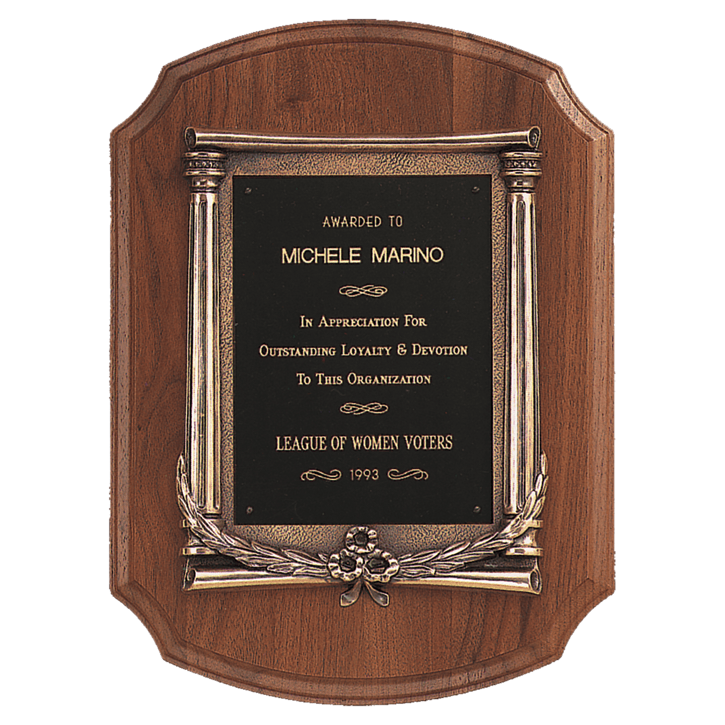 11"x15"solid American walnut plaque with notched corners and an antique gold finished frame with columns and black brass engraving plate