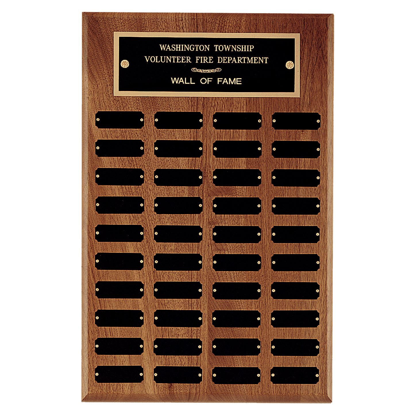 13"x20" 40 plates walnut perpetual plaque Black brass plates are 7/8" x 2-1/2"