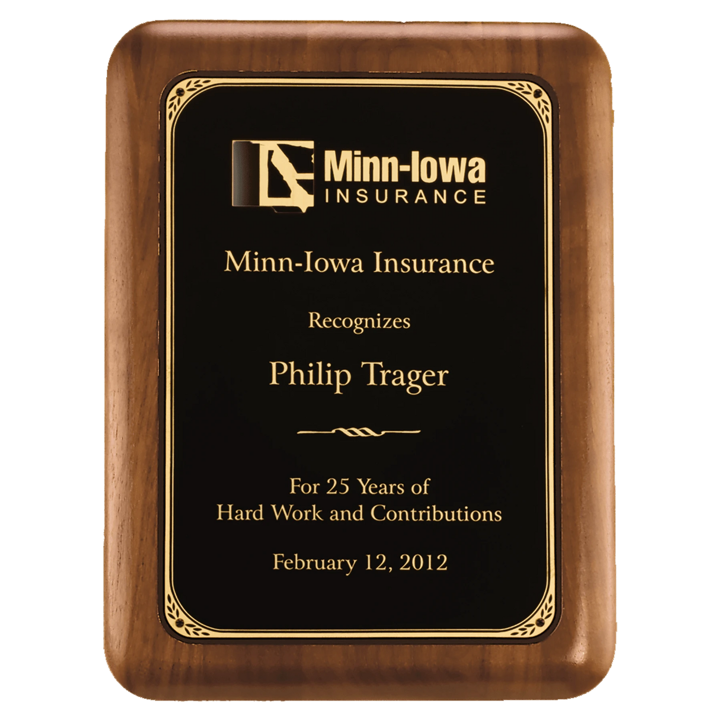 Walnut plaque with rounded corners with a black brass plate with printed border. Available in 4 sizes.