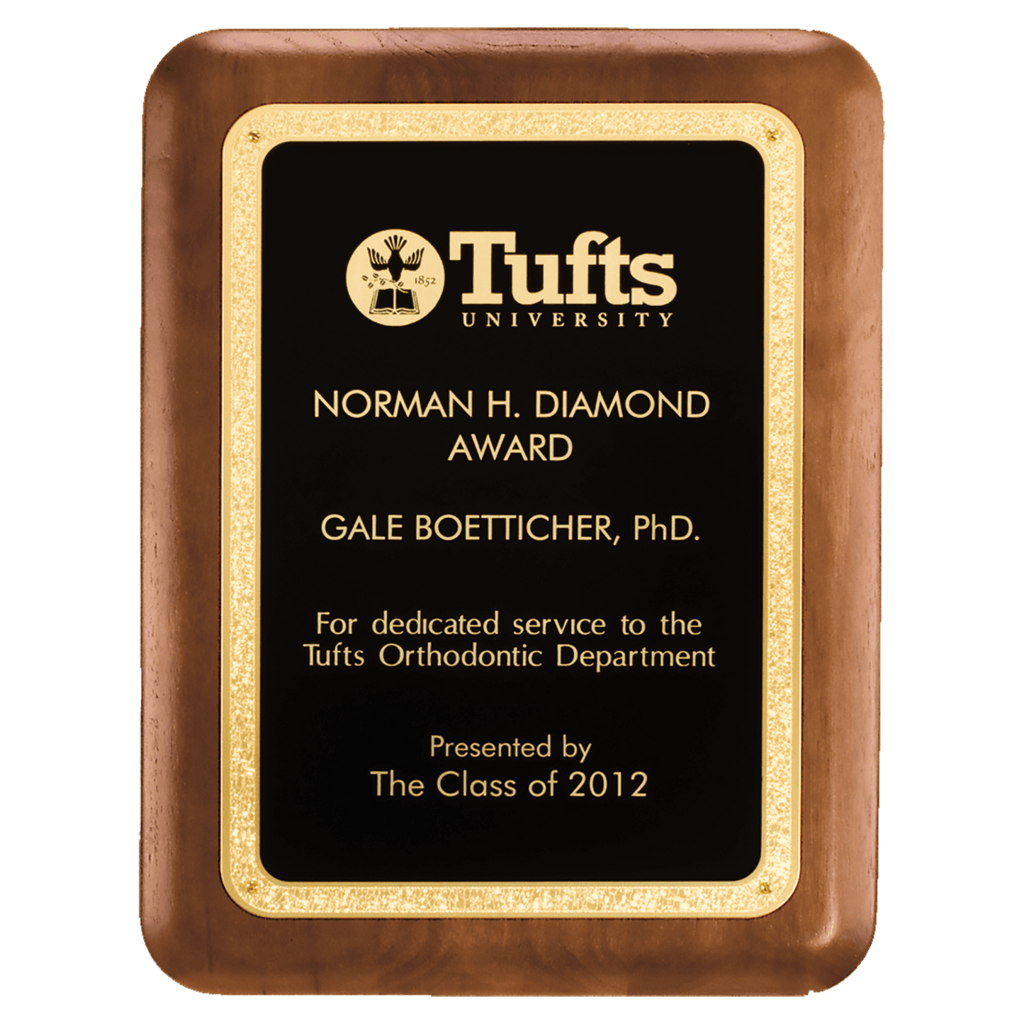 Walnut plaque with rounded corners with a black brass plate with florentine border. Available in 3 sizes.