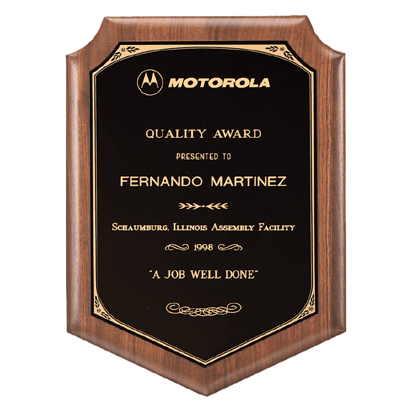 7"x8" Walnut shield plaque with printed border with a black brass plate. Available in 4 sizes.