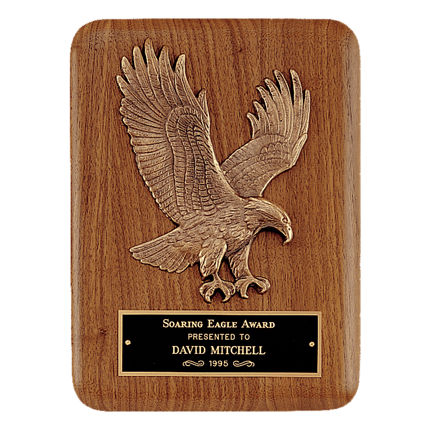 Walnut Plaque with Gold Cast Metal Eagle, Laser Engravable Black Brass Plate. Comes in 4 sizes and variants.