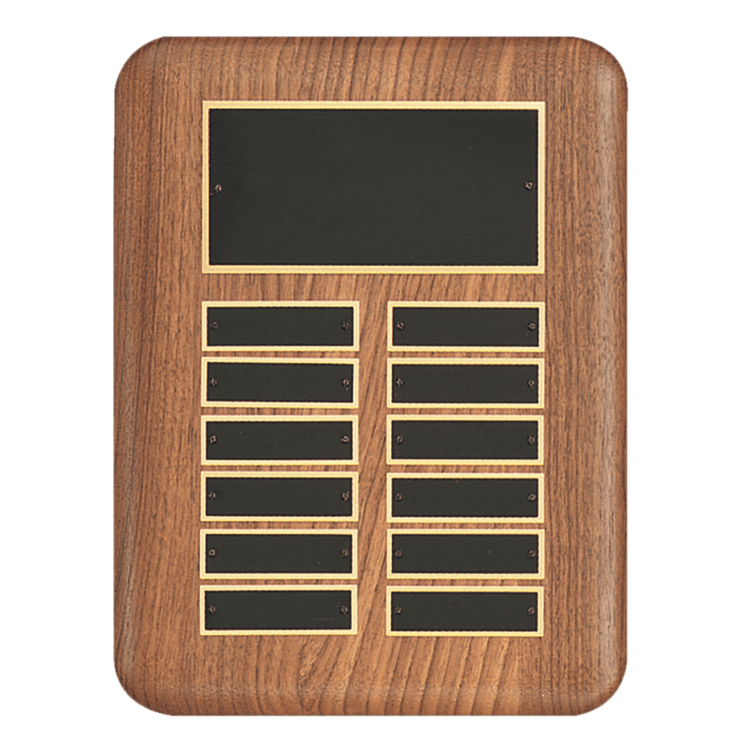 Solid American walnut perpetual plaque with individual black brass plates are 0.875"x2.75". Available in 2 plate combinations.