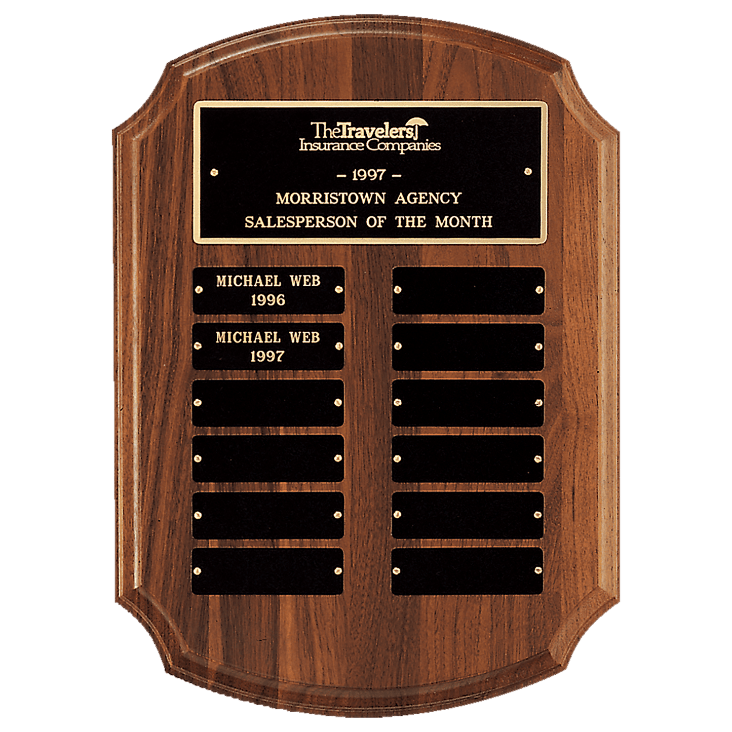 11"x15" american walnut plaque with 12 Individual Black Brass Plates, Individual plate sizes 1"x3.25
