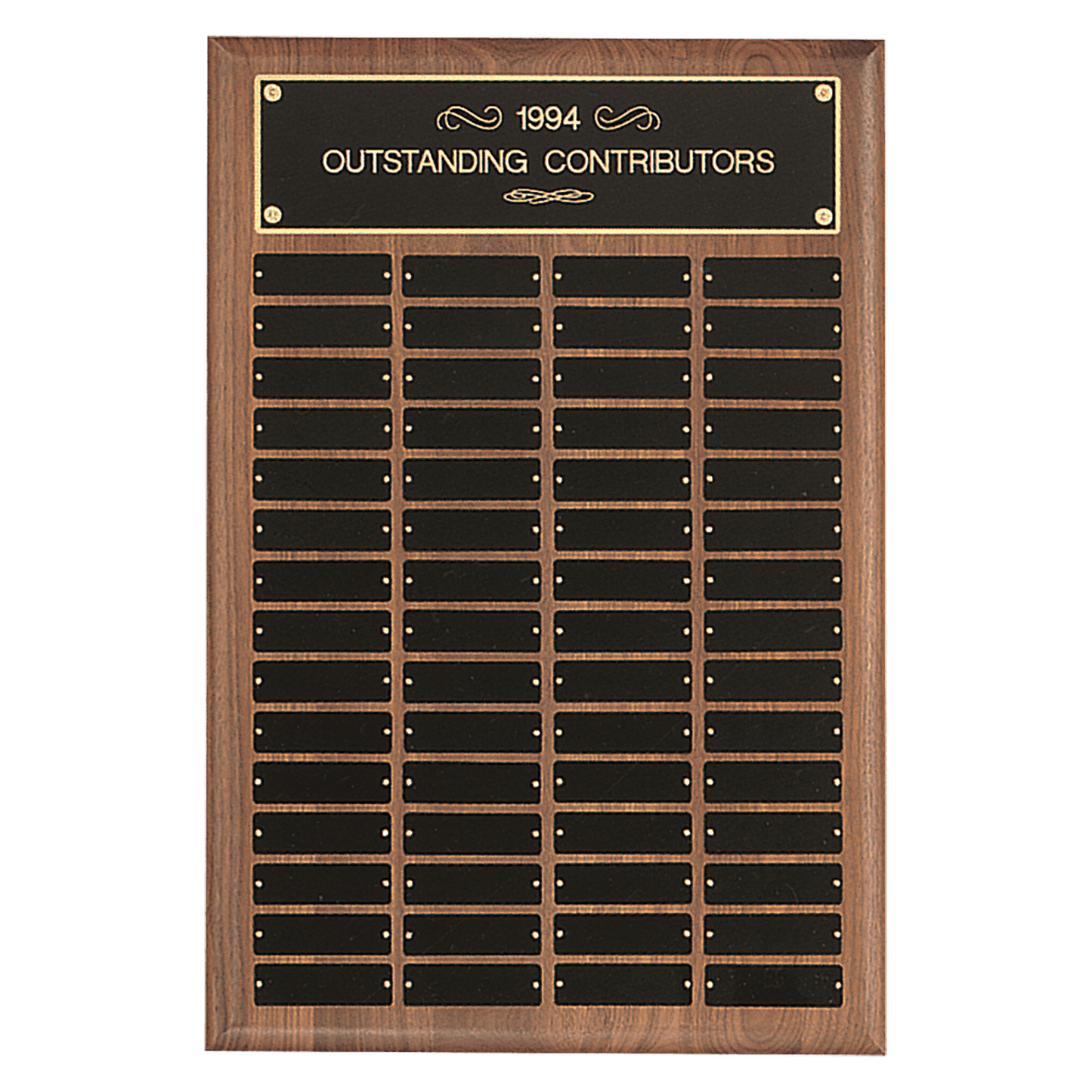 Solid American walnut perpetual plaque with precision elliptical edge. Black brass plates are 1"x3.25". Available with 6 plate combinations.