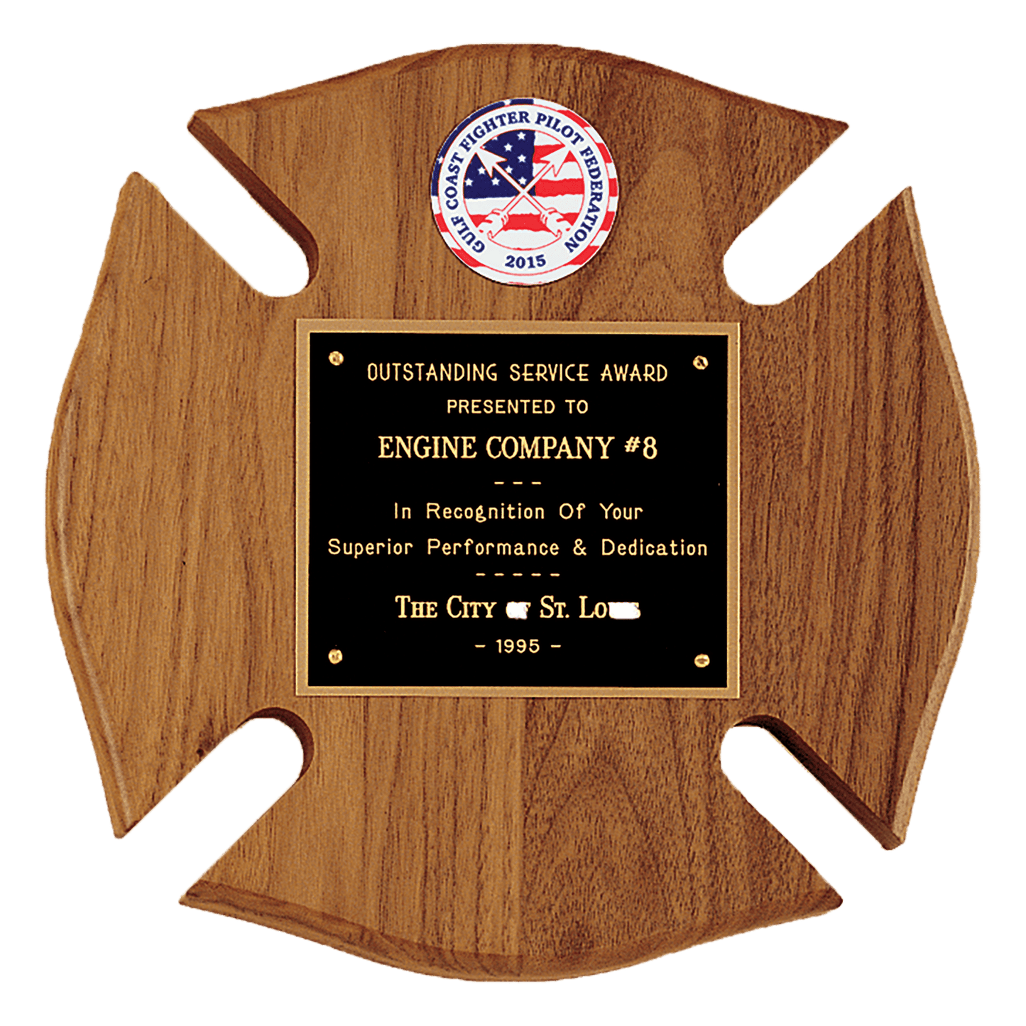 10"x10" Walnut Maltese Cross Plaque with Laser engravable Black brass plate, .875" Disc insert