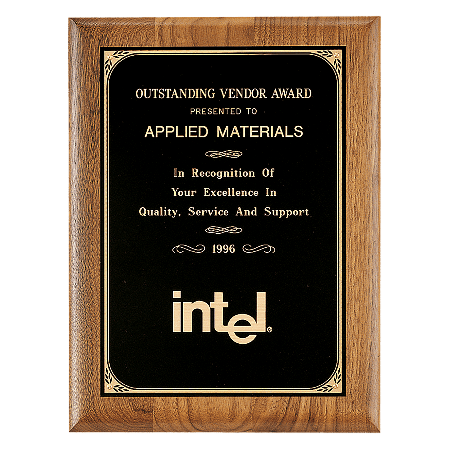 Walnut plaque with a precision elliptical edge with a black brass plate with printed border. Available in 4 sizes.