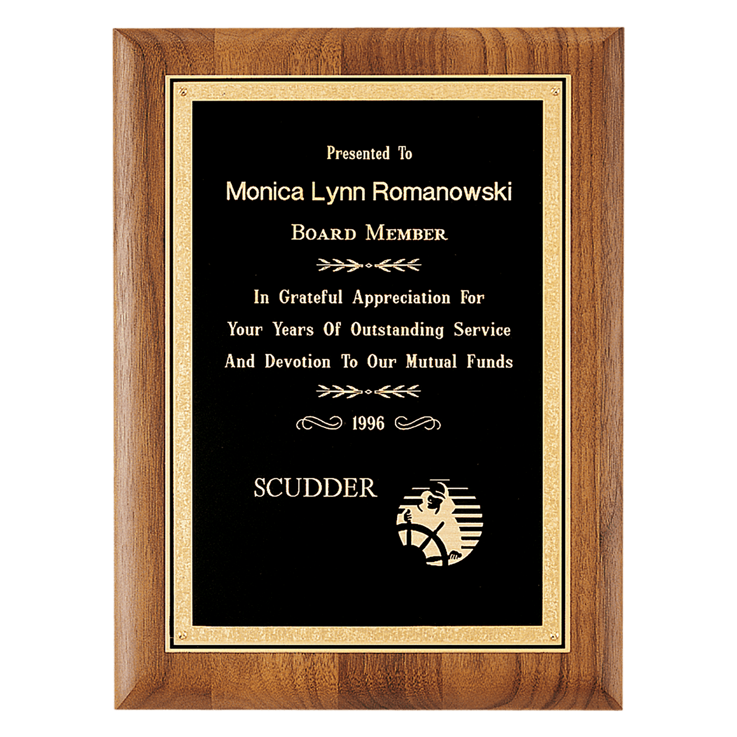 Walnut plaque with a precision elliptical edge with a black brass plate with florentine border. Available in 4 sizes.