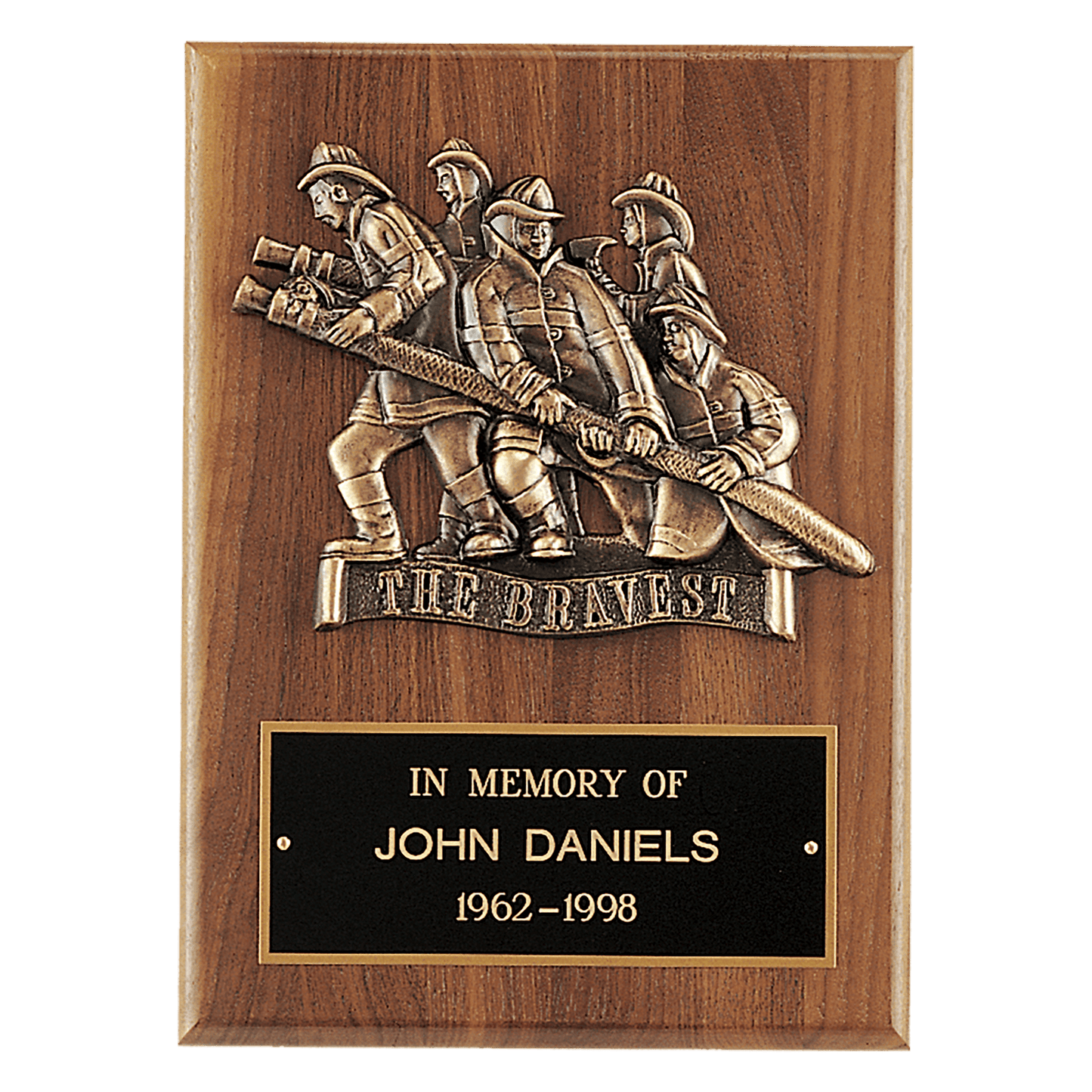 9"x12" Walnut Plaque with Bronze Firfighting Scene Cast, Laser engravable black brass plate
