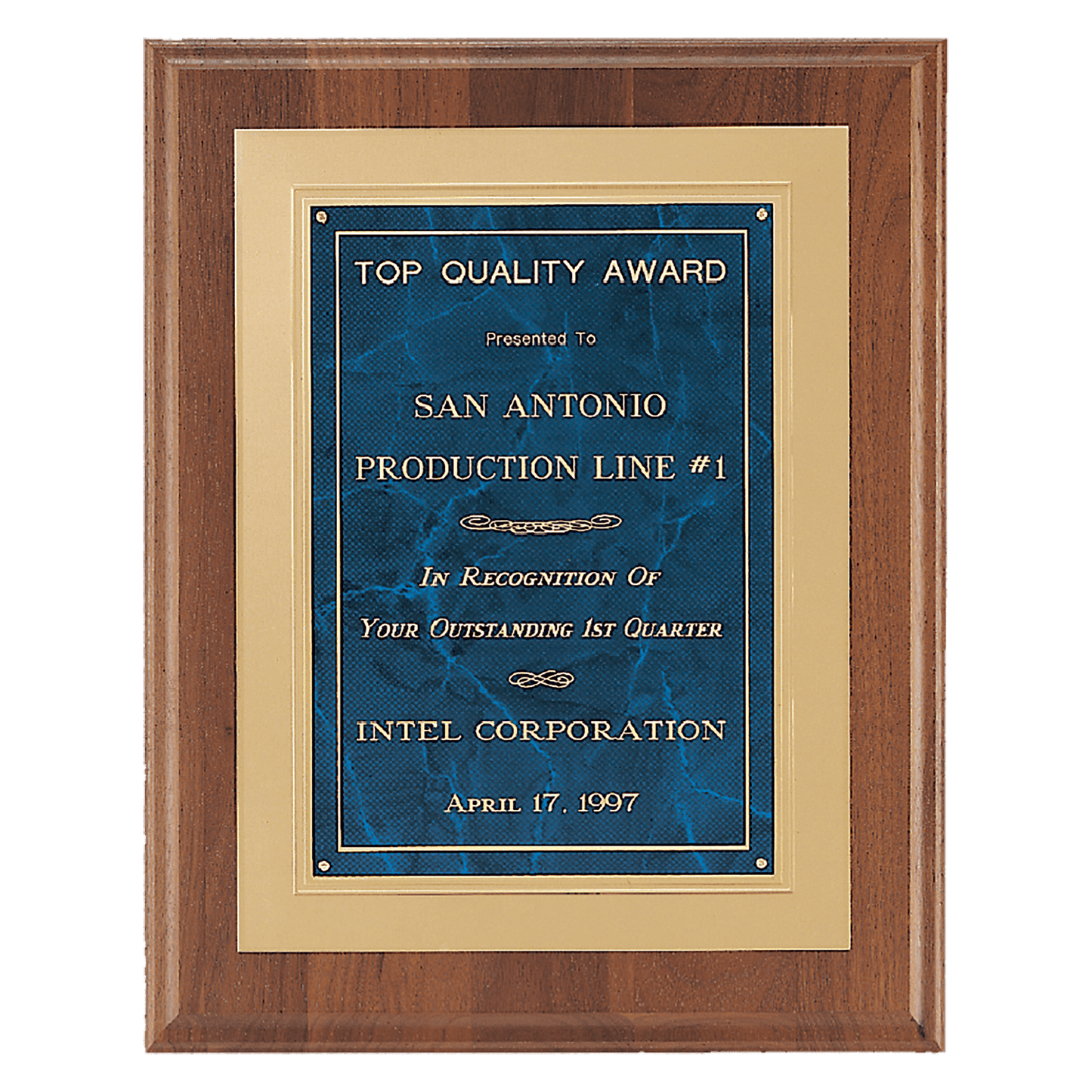 12"x15" solid American walnut plaque featuring a blue marble plate with gold and blue and black boarder, and a gold back plate