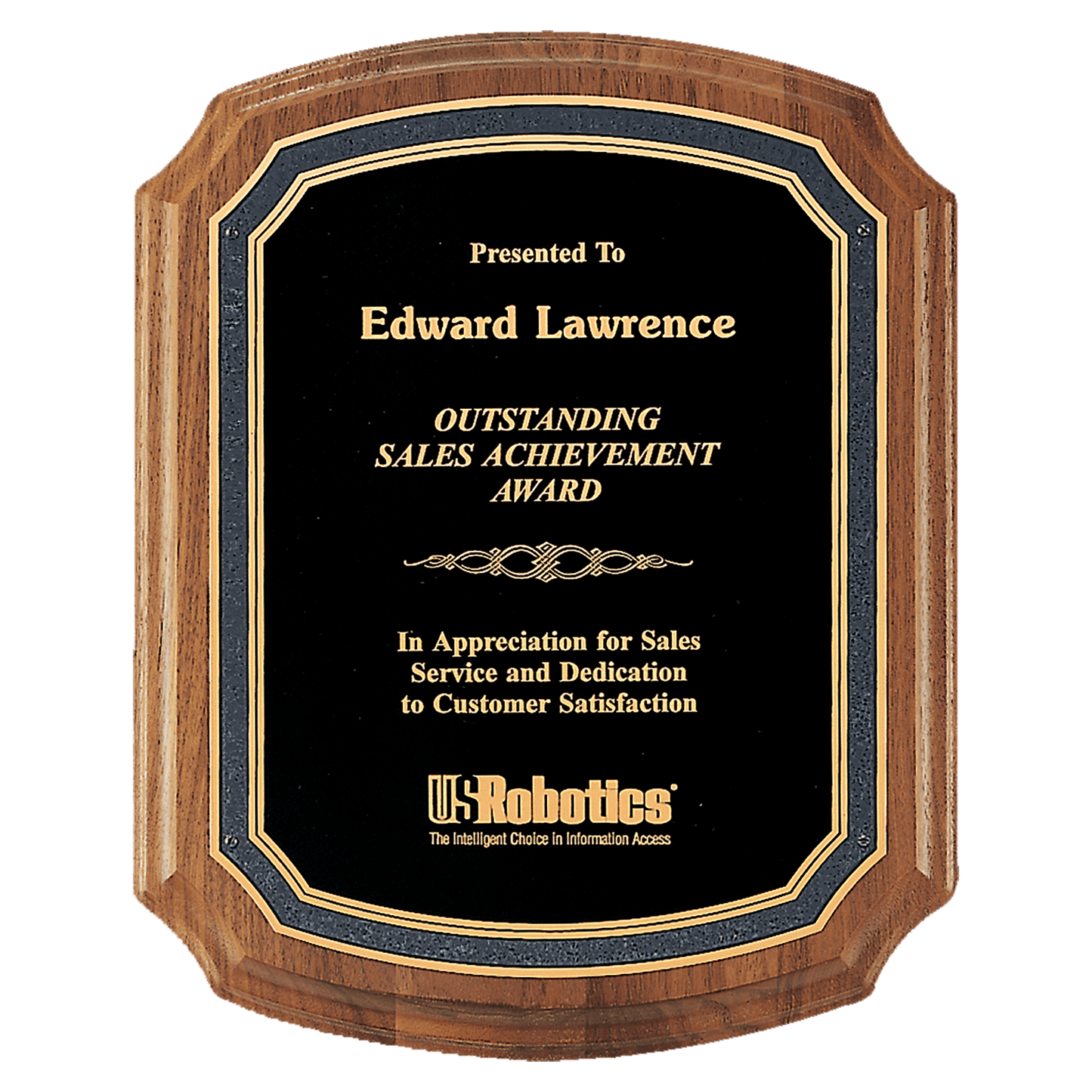 Solid Walnut Notched corners Plaque with Laser engravable Black/Gold Florentine edge Brass Plate. Available in 4 sizes.