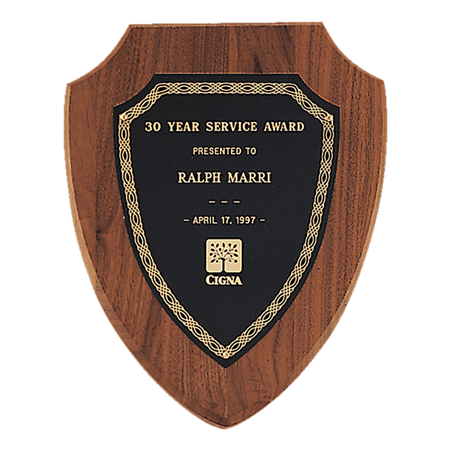Walnut shield plaque with gold silk screened border and black brass plate. Available in 3 sizes.