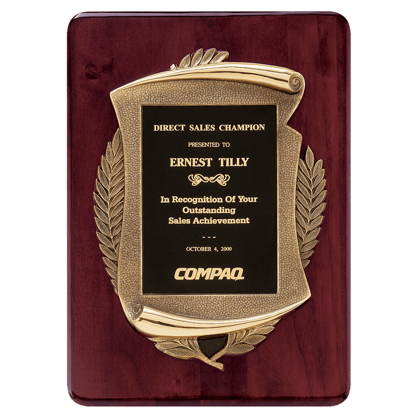 11"x15" Rosewood stained piano finish plaque with an antique bronze finished frame scroll casting and black brass plate for engraving