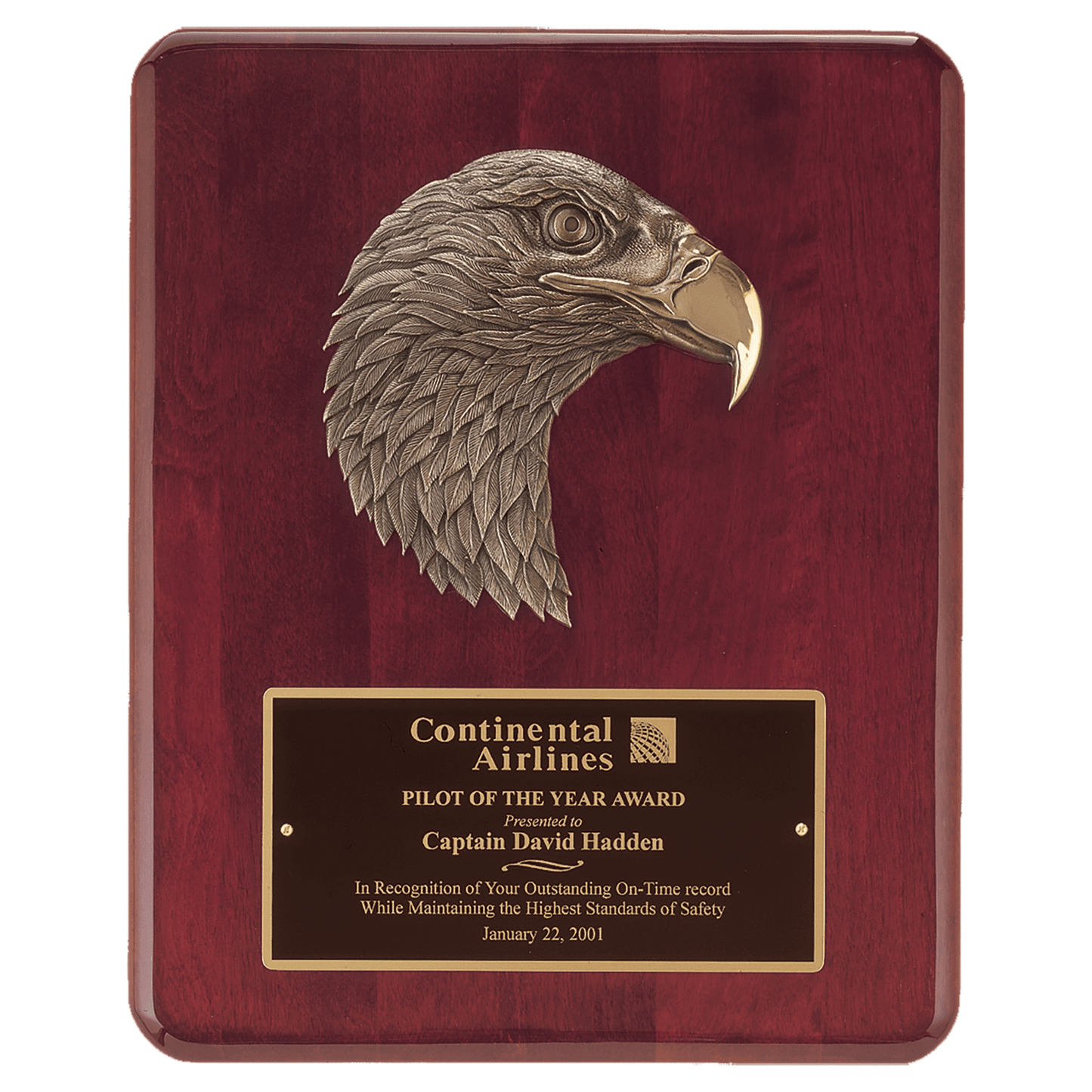 Rosewood Piano Finish Rounded Corner Plaque with Bronze Cast Metal Eagle Head, Laser Engravable Black Brass Plate. Available in 2 sizes.