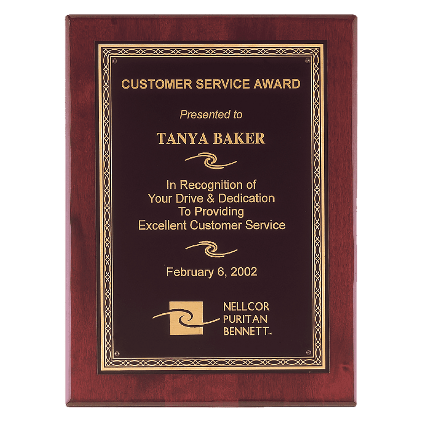 Rosewood Piano finish Plaque with gold Ornate border. Available in 4 sizes.