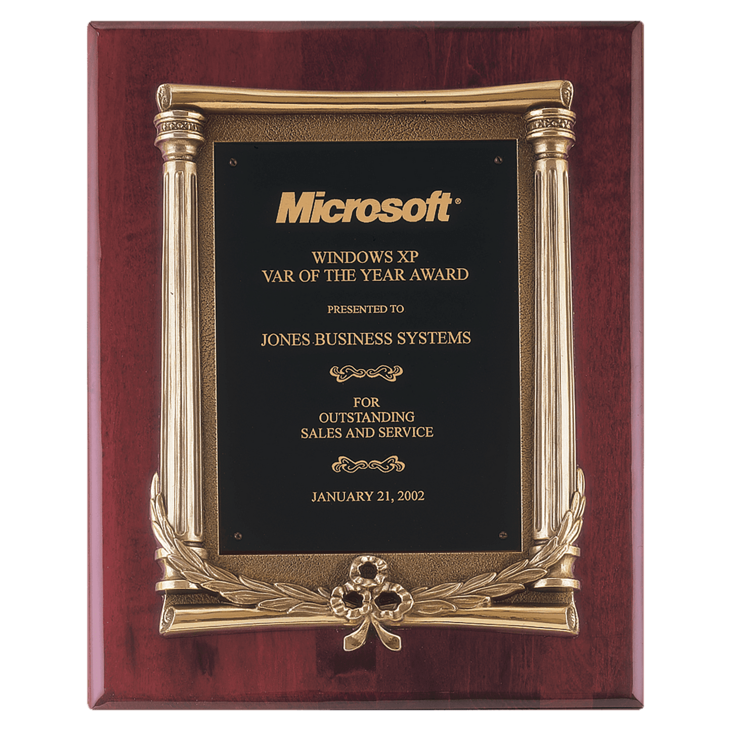 10.5"x13" rosewood piano finish plaque with an antique gold finished frame with columns and black brass engraving plate