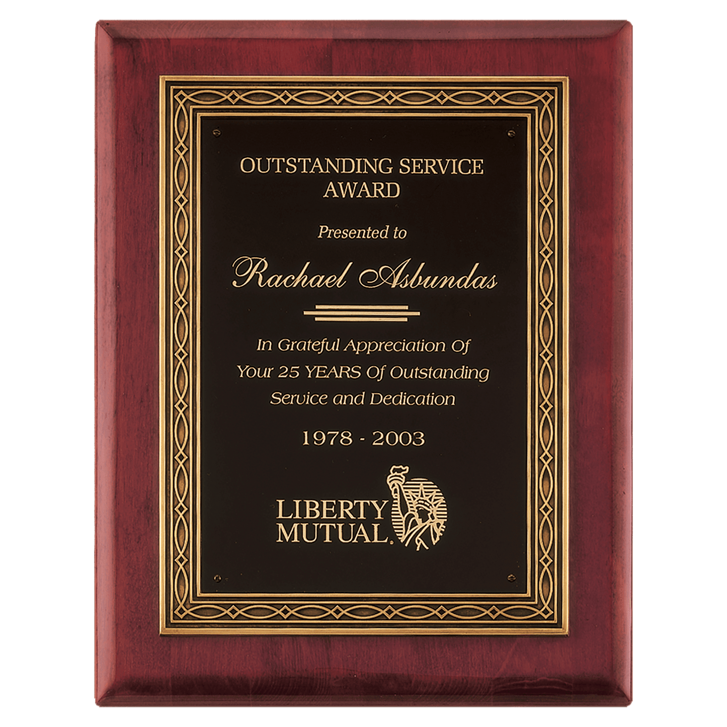 11"x14" Rosewood stained piano finish plaque with an antique bronze finished frame casting and black brass engraving plate