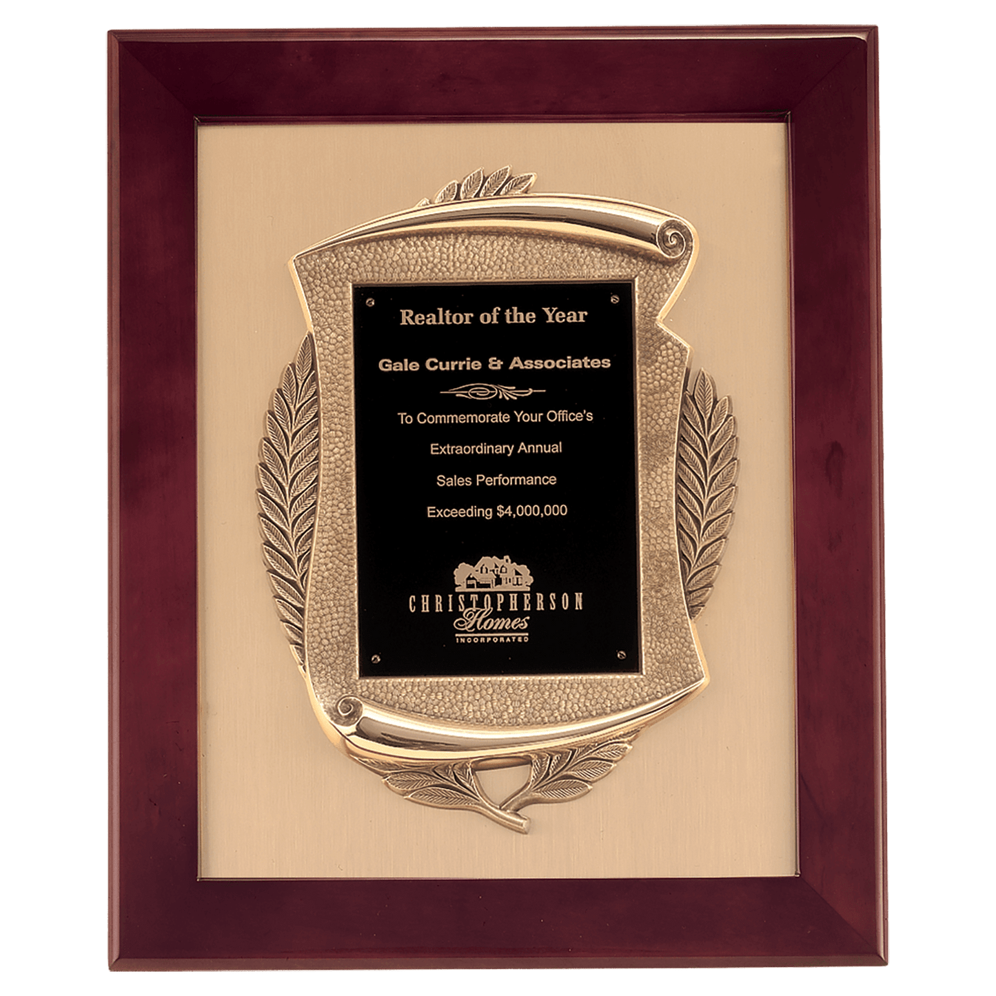 14"x17" Rosewood stained piano finish frame with antique bronze scroll casting with black brass plate on brush gold metal background