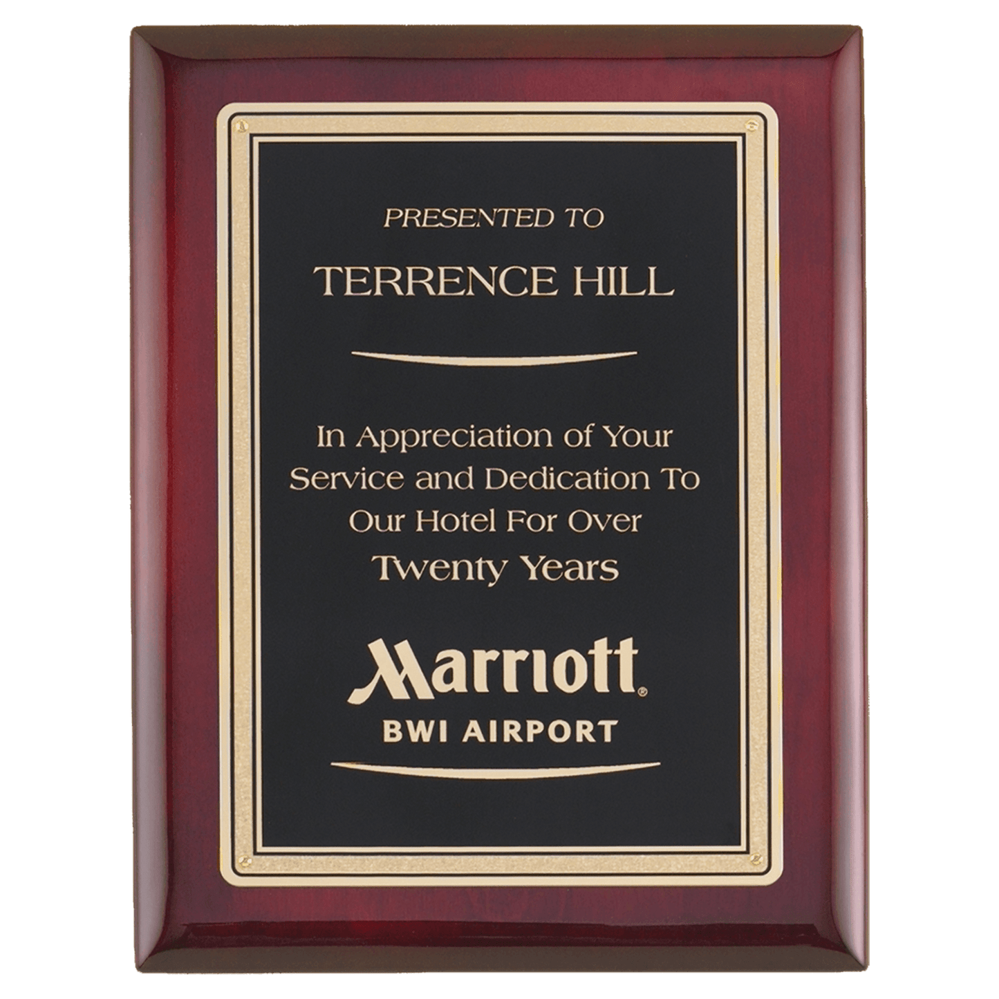 Rosewood piano plaque with black brass plate with gold Florentine border. Available in 4 sizes.