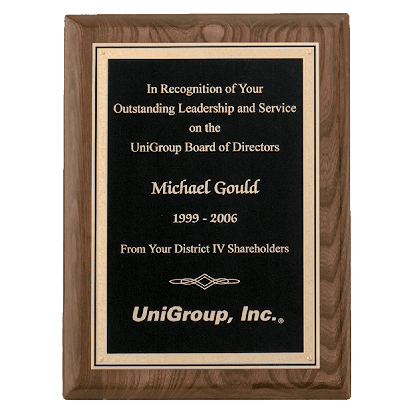 Walnut piano finish Plaque with Laser engravable black brass plate. Available in 3 sizes.