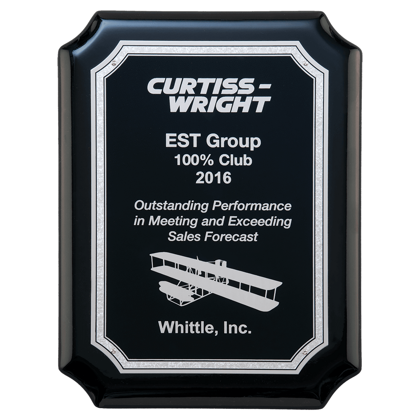 Black piano finish notched corners plaque with silver florentine border plate. Available in 3 sizes
