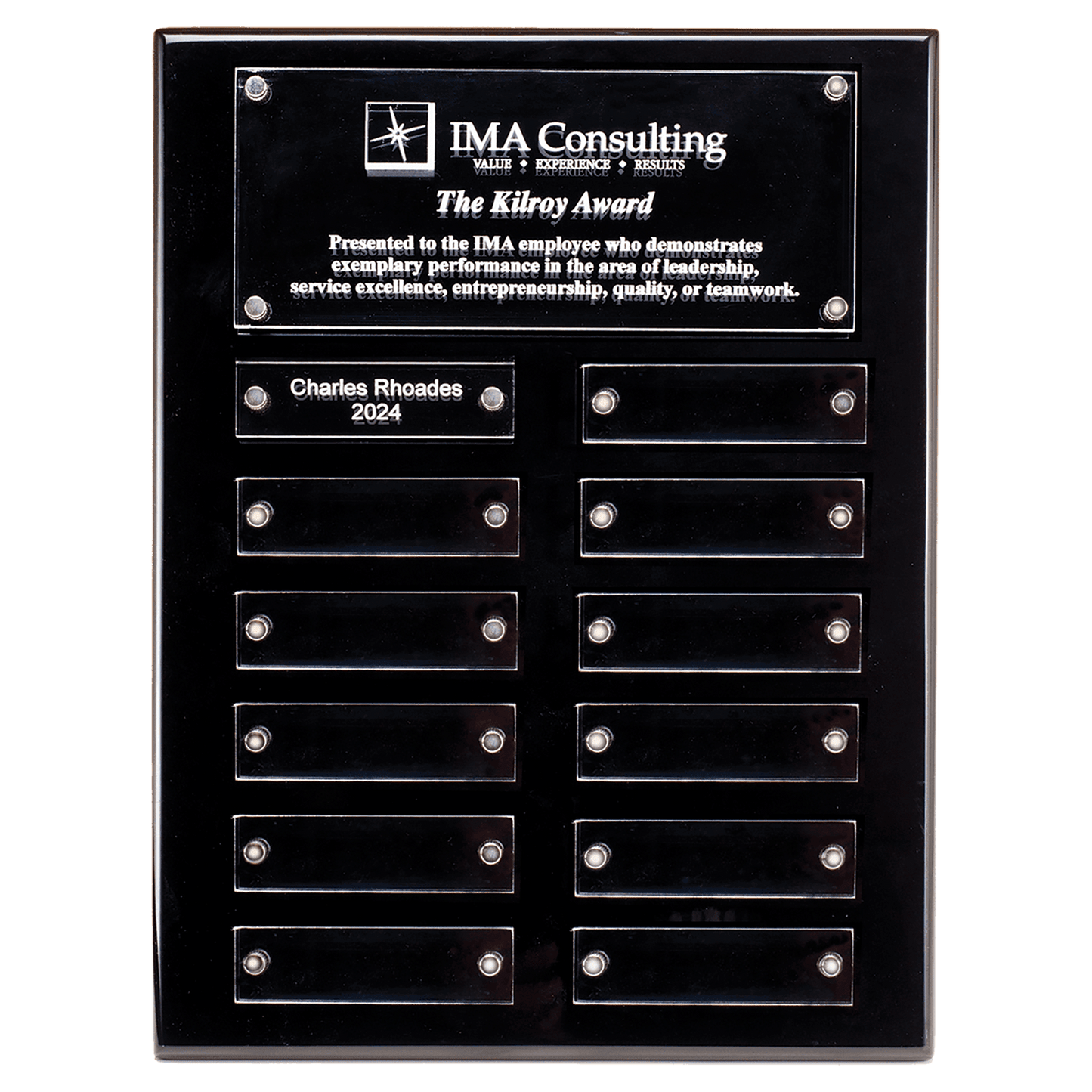 9"x12" Rosewood Plaque with 12 Individual Acrylic Plates, Plate Sizes .875"x2.75"