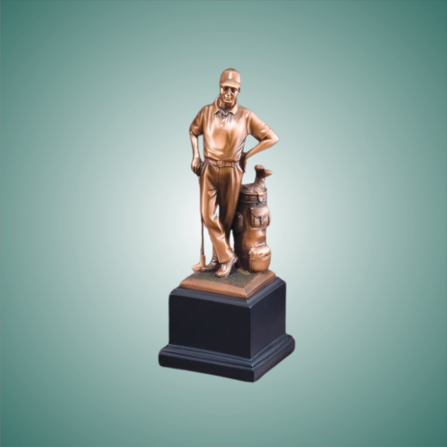 Golf resin Gallery Series Bronze Electroplated Sculpture Standing with bag on black base