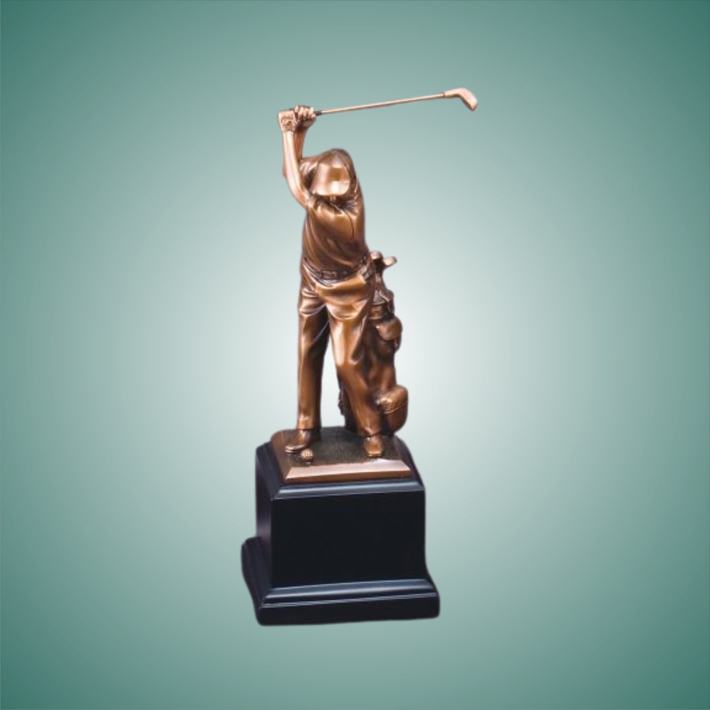 Male Golf resin Gallery Series Bronze Electroplated Sculpture Driver with bag on black base