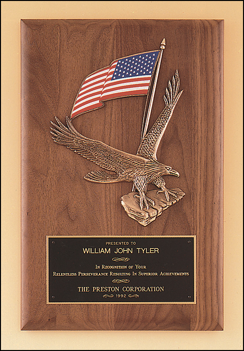 Walnut Plaque with Gold swooping Eagle and Red/white/blue American flag cast, Laser engravble Black brass plate.
