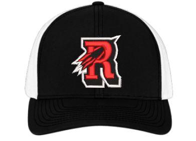 Black & White Reading Rocket snapback Trucker hat with adjustable back. This hat has a curved visor and Mid-Profile crown with a trucker mesh back.