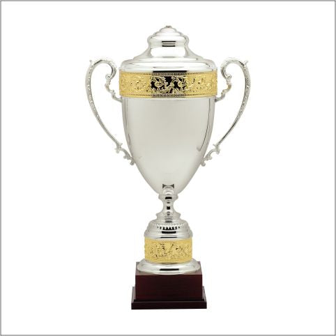 Italian Cup Silver plated with gold edging highlights on top and bottom of the cup on a rosewood base available in 3 sizes.