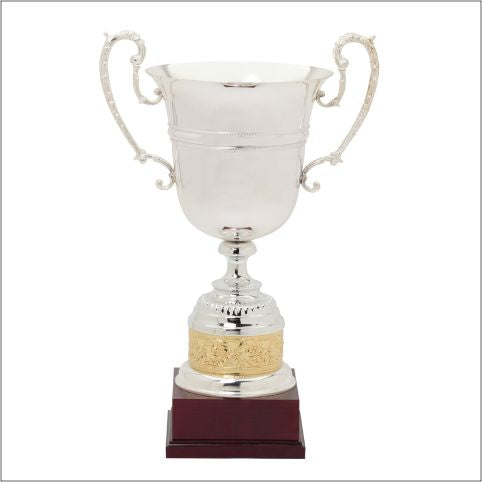 Italian Cup Silver plated with gold edging on rosewood base available in 3 sizes.