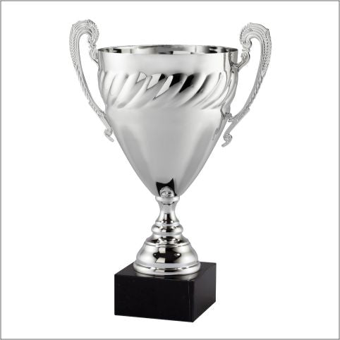 Silver Italian Cup with swirl design on black marble base. Available in 5 sizes.