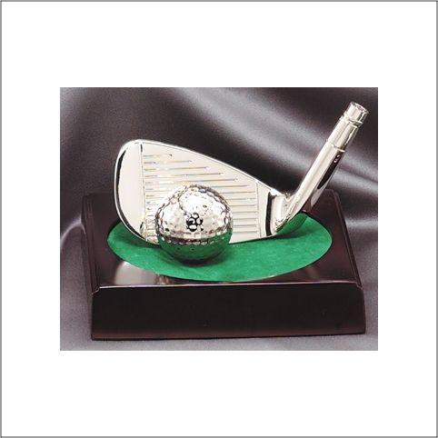 Golf award Silver Iron on green felt on rosewood base