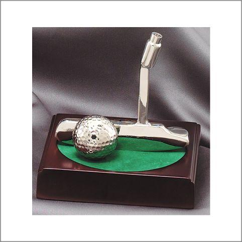 Golf resin Silver Putter on green felt on rosewood base