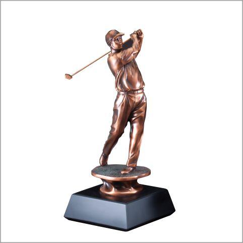 Male Golf resin Gallery Series Bronze Electroplated Sculpture Follow Through on black base. Available in 4 sizes.