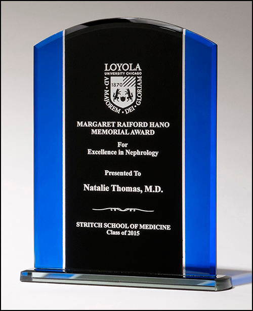 Clear glass with blue and black silk screened upright.