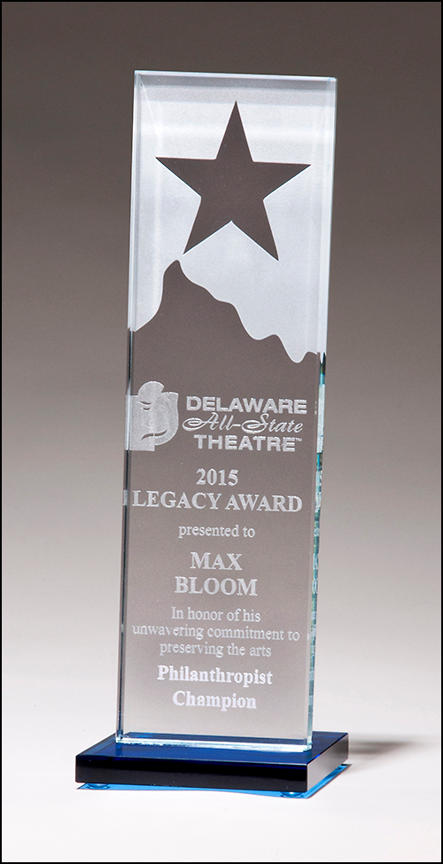 Etched Glass award with star and mountain peak on blue glass base