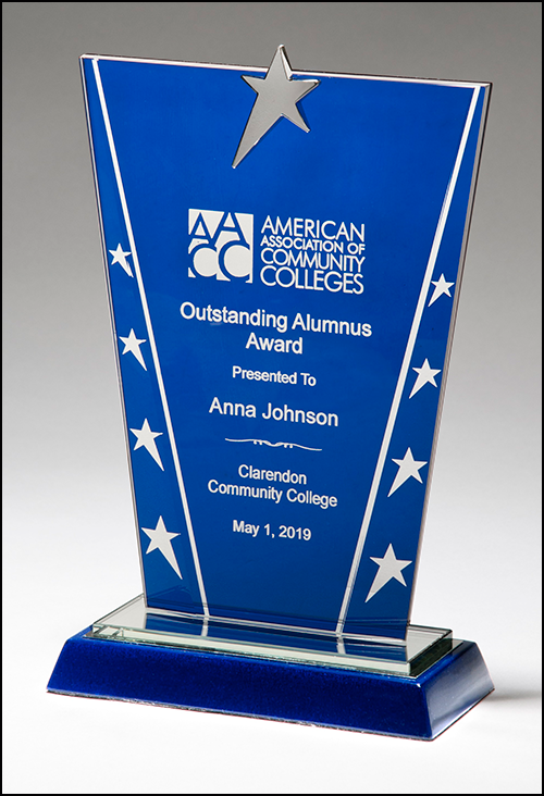 Constellation Series Glass Award, Blue Background with Chrome Plated Star. Available in three sizes