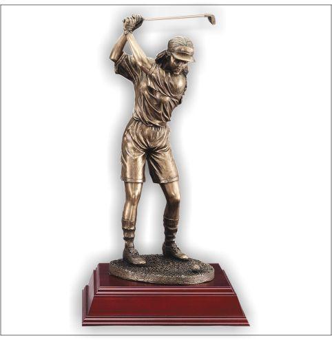 Female Golf Gallery Series Bronze Electroplated Sculpture on rosewood base. Available in 3 sizes.