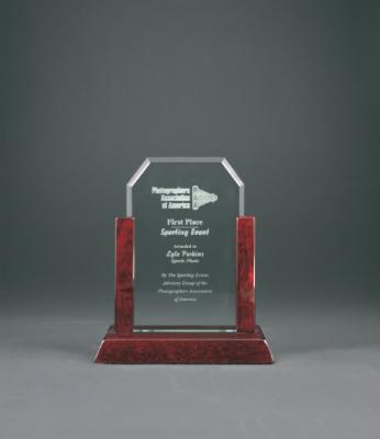 Jade Clip Corner Glass Award with Rosewood Finish Base. Available in 3 Sizes