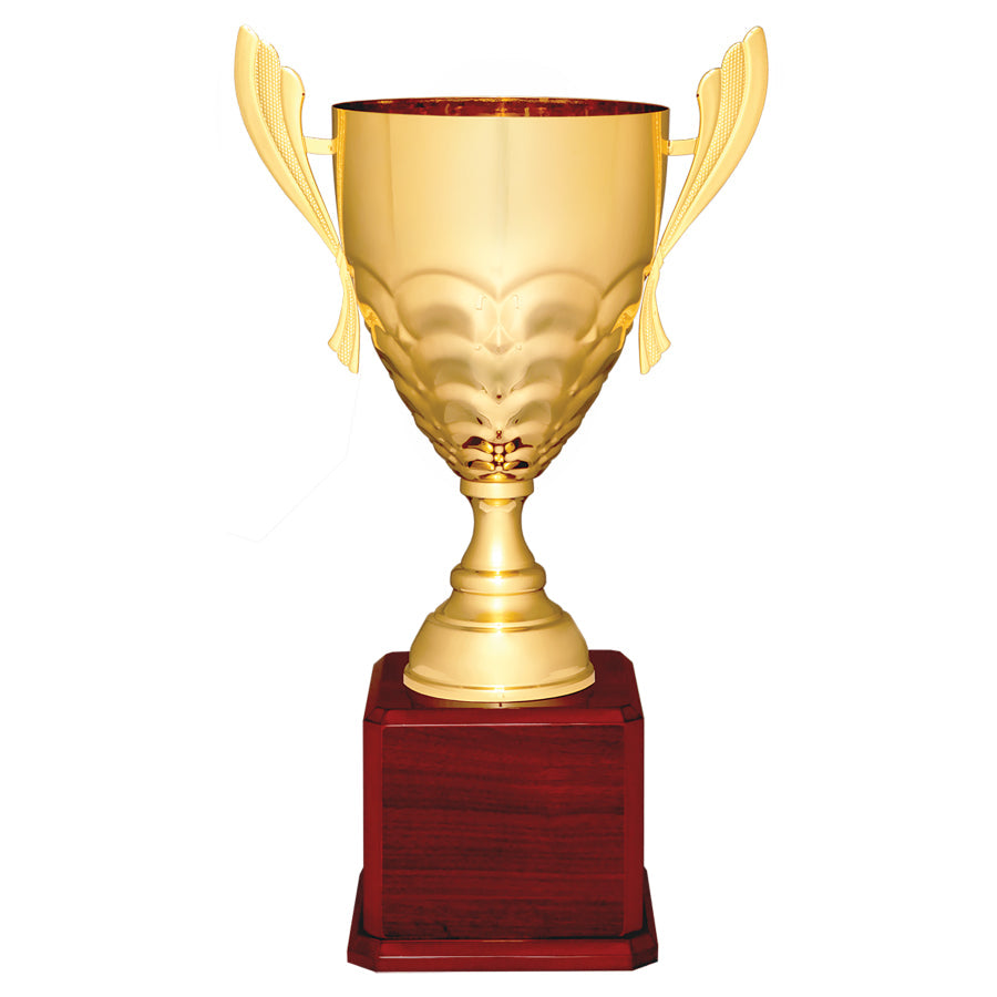 Large Gold Cup with ripple look on Rosewood Royal Piano Finish Base. Avialable in 3 sizes.
