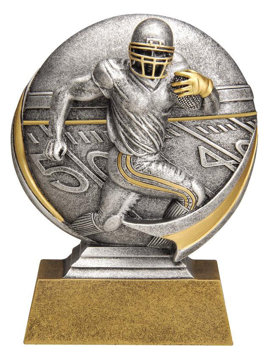 5" Silver and gold male football resin 3D running with football in arms field in background