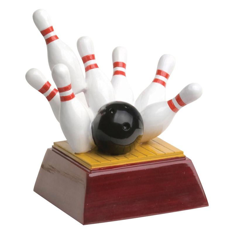 Colored bowling ball and pins on Rosewood Base