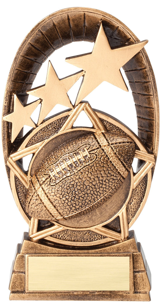 6.5" Gold football resin with three stars and oval background with football in star in middle
