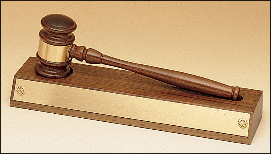 3"x11.5" Removable Walnut Gavel with gold band on a walnut base, Engravable plate