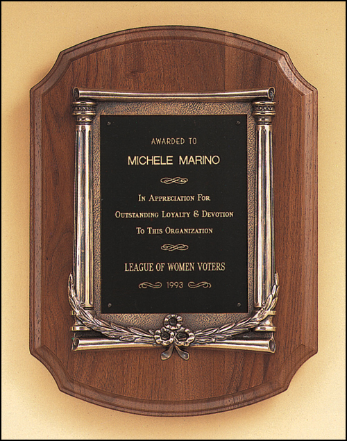 11"x15"solid American walnut plaque with notched corners and an antique gold finished frame with columns and black brass engraving plate