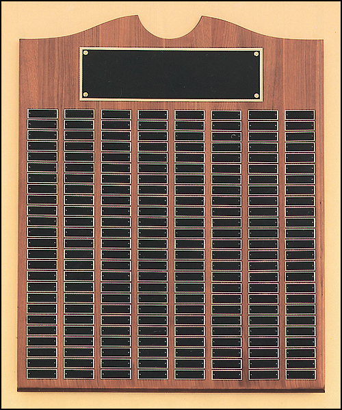 Solid Amerian Walnut perpetual plaque with traditional scalloped design top. Black brass plates, Individual plates are 7/8" x 2-3/4". Available with 15 plate combinations.